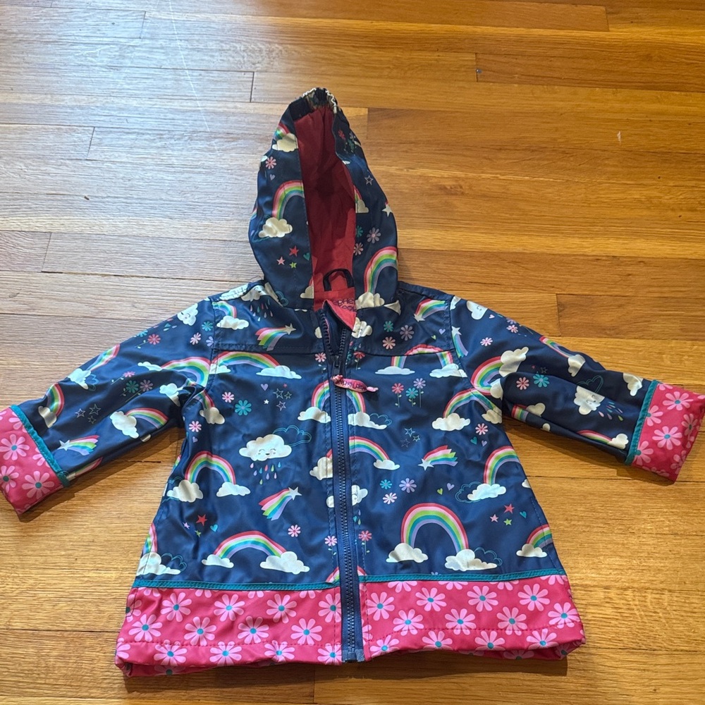 Stephen Joseph Navy Rainbow Hooded Raincoat with Pink Floral Trim - Kids